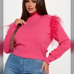 NWOT Hot Pink Feather-Trimmed Sweater